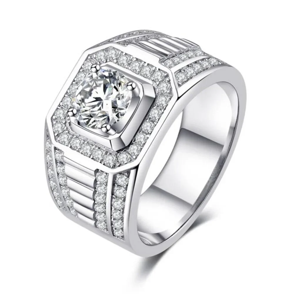 🎀 Fever Square Glitter Zircon Silver Chunky Wedding Rings for Man, PD663